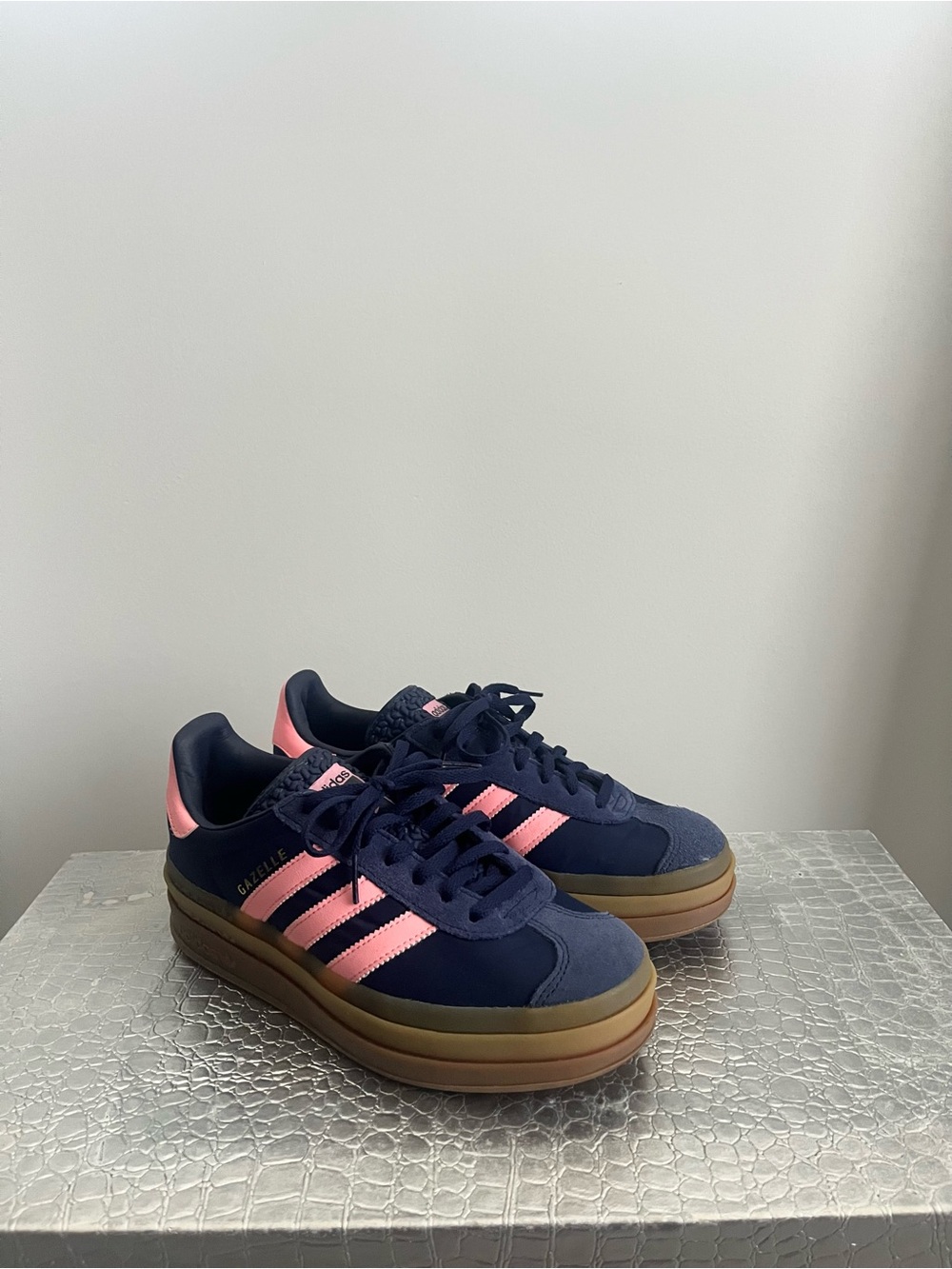 adidas Gazelle Platform Sneakers in Navy & Pink with Gum Sole